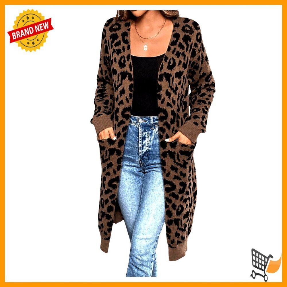 Leopard Print Open Front Long Cardigan Knit Sweater with Pockets Y2K Style
